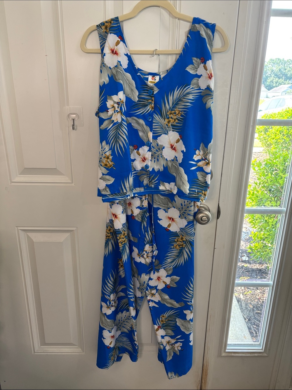 Vivid Blue Floral Sleeveless 2 Piece Top and Long Pants Size XL